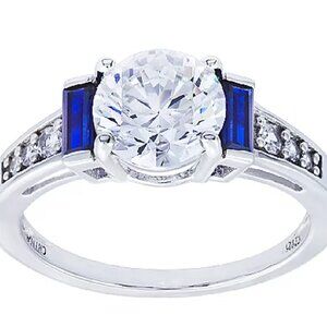 Diamonique & Simulated Sapphire Ring, PlatinumClad